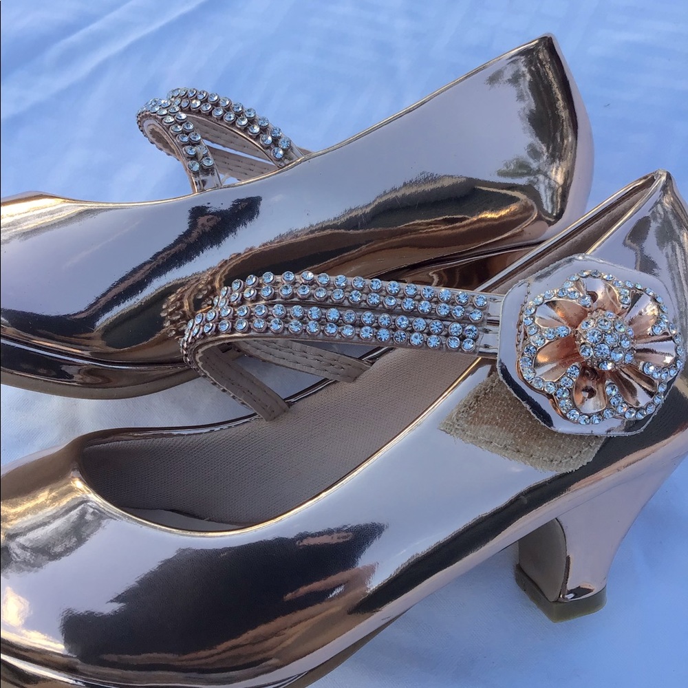 ROSE GOLD Link Girls High Heel Dress Shoes with Rhinestones SIZE 13